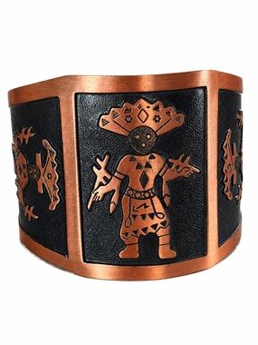 Vintage Southwestern Copper Cuff Bracelet Kokopelli Geometric Tribal Motif